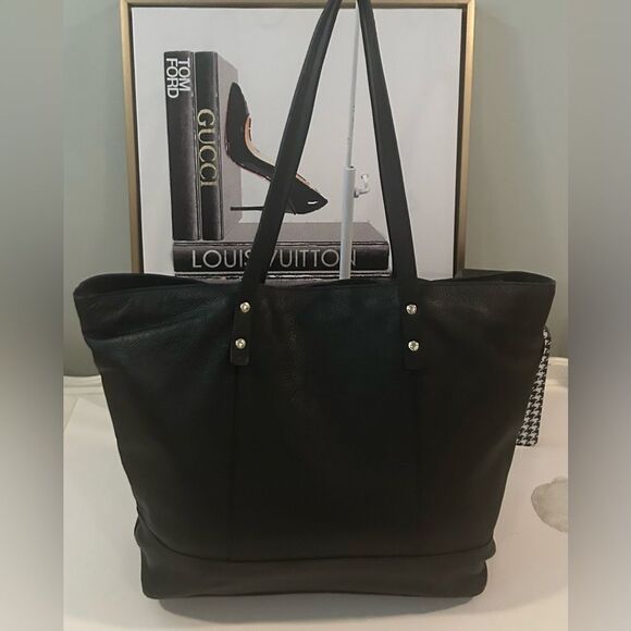 Cole Haan Luxe Black Pebbled Leather Tote Timeless Everyday Shoulder Bag - Picture 5 of 11